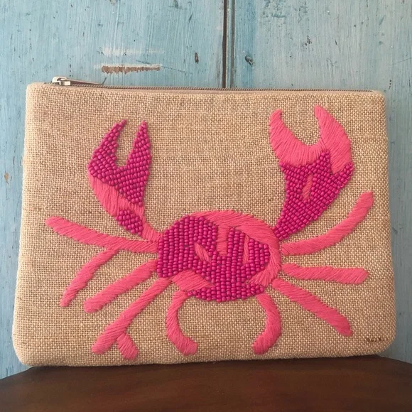 Beaded 2-tone pink crab on tan-colored linen-like fabric clutch bag by Spartina - Picture 7 of 11